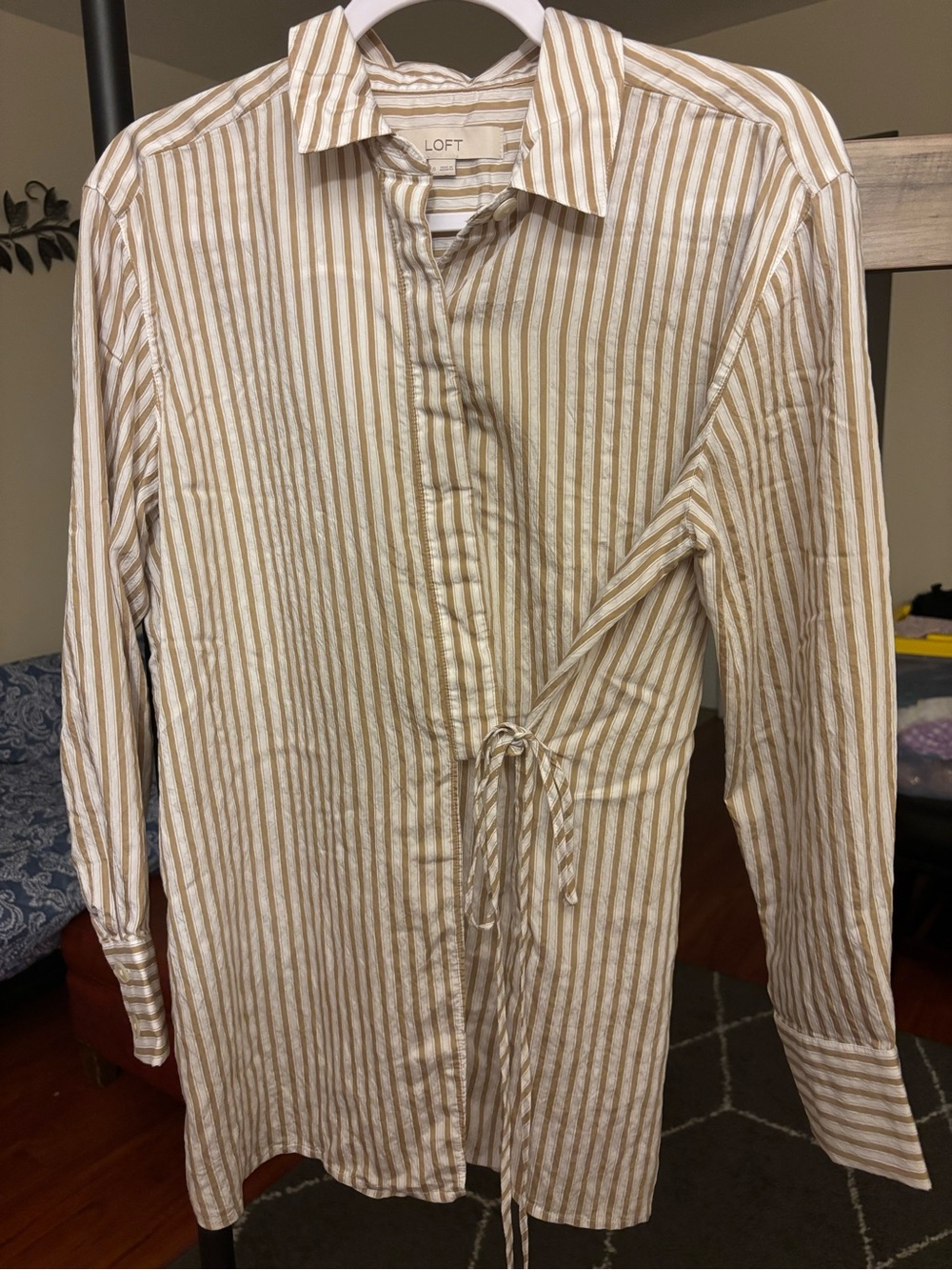 LOFT Cream and Brown Striped Button-Front Tunic small